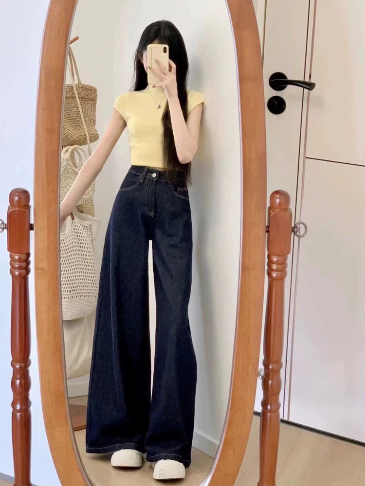 Quần jean ống thẳng dáng quả lê dành cho nữ, kiểu dáng mới mùa xuân, cỡ lớn, lưng cao, dáng rộng, màu xanh đậm, ống rộng, quần dài chạm sàn