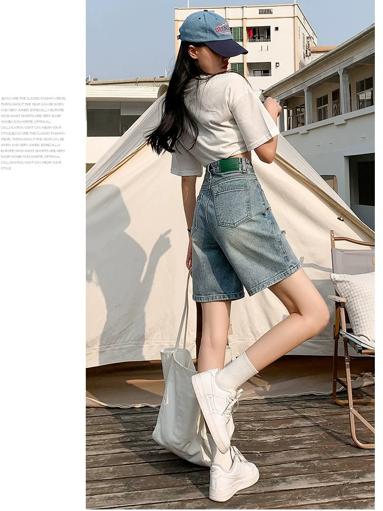 Quần short denim rách dáng quả lê dành cho nữ, size lớn mùa hè, cạp cao, dáng rộng, tôn dáng, ống thẳng, ống rộng, quần short dài đến giữa đùi.