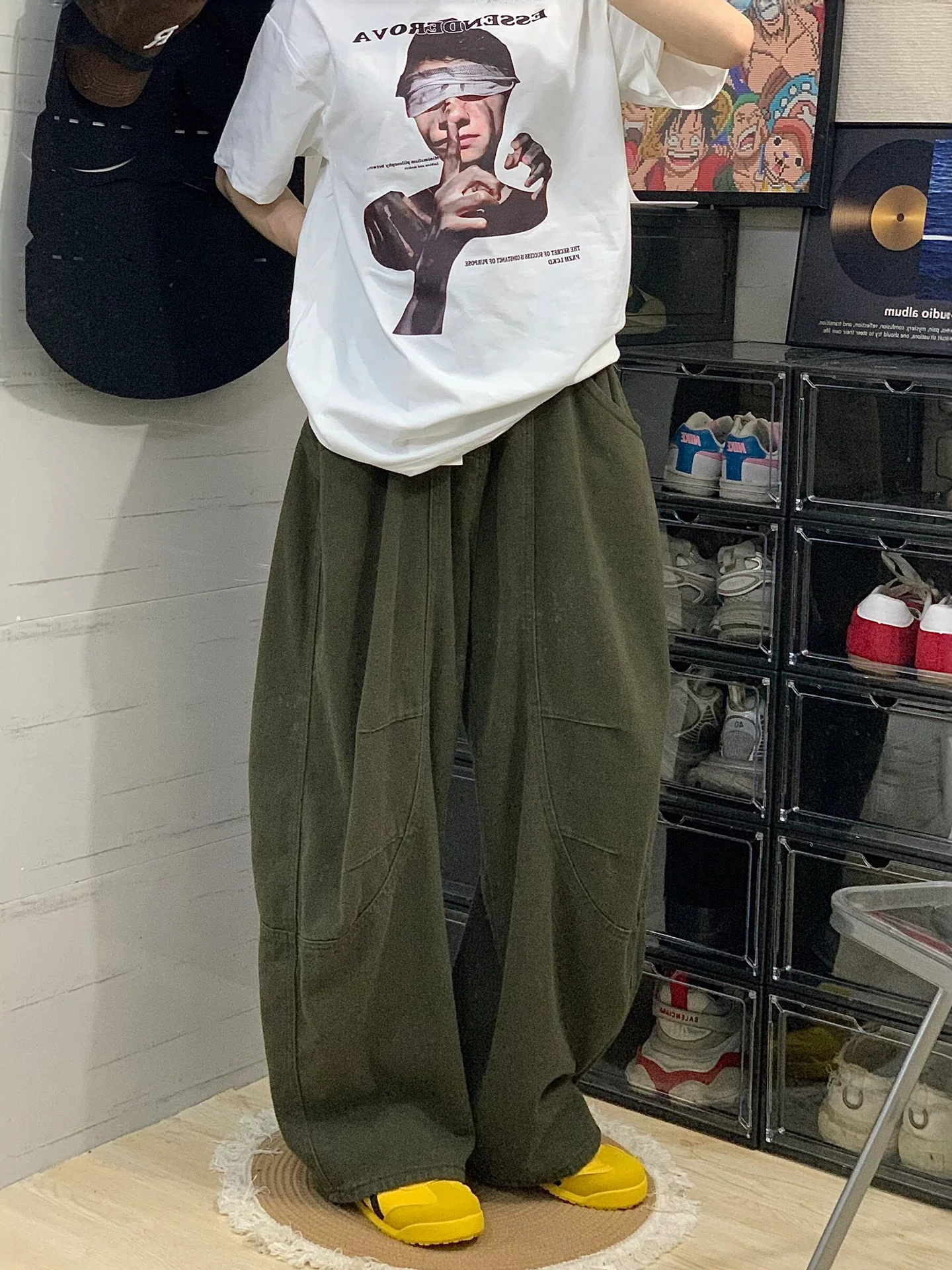 Quần jean màu xanh quân đội dành cho nữ, mùa thu, cỡ lớn, lưng cao, dáng rộng, giảm béo, dáng quả lê, quần ống rộng kiểu công sở