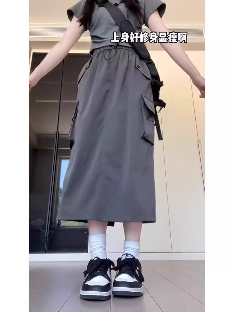 Váy công sở nhanh khô dành cho nữ, cỡ lớn mùa hè, kiểu Mỹ cổ điển, cạp cao, che hông, tôn dáng, váy chữ A dài vừa phải.