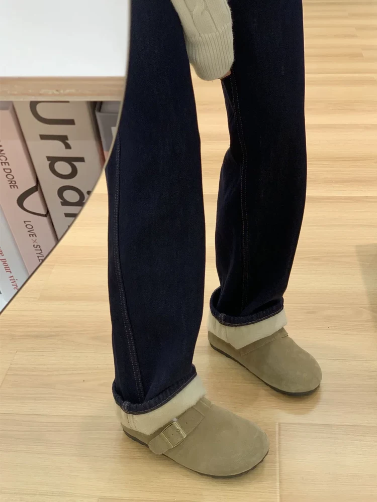 Quần jean ống rộng màu xanh đậm dành cho nữ, mùa thu đông, cỡ lớn, lót lông cừu, dày dặn, cạp cao, dáng suôn, quần ống thẳng giúp thon gọn.