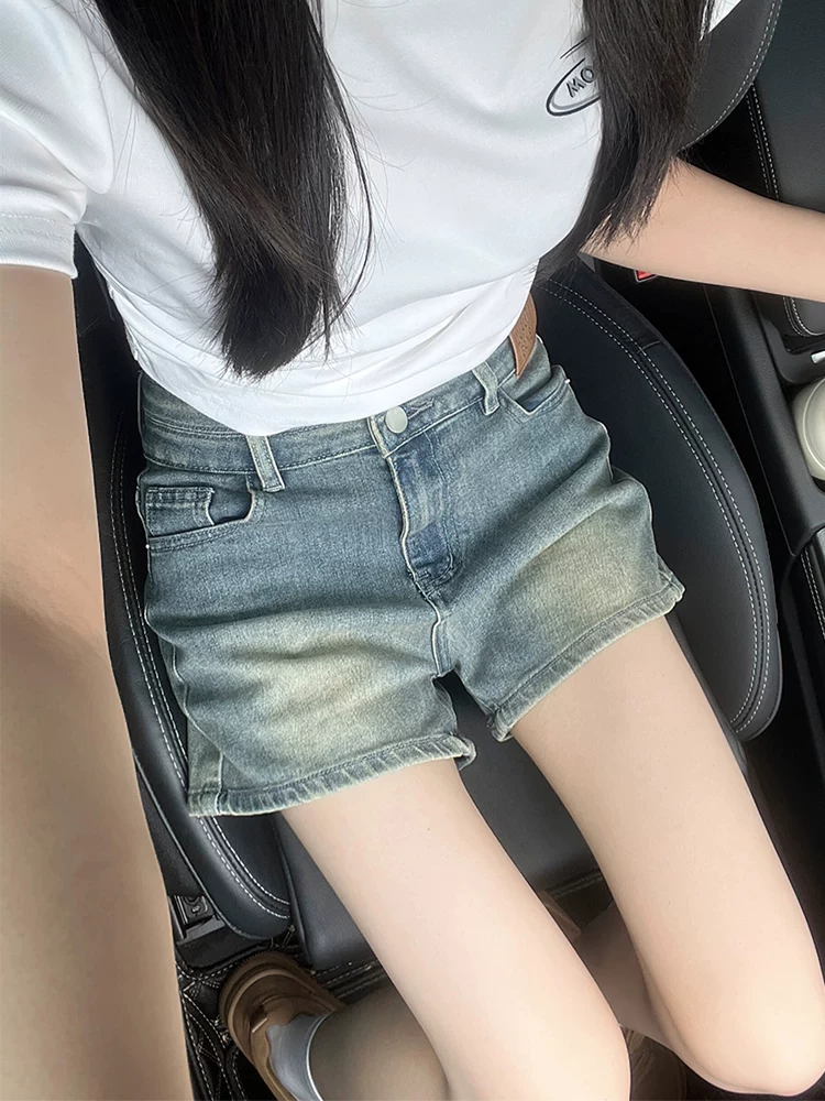 Quần short denim màu xanh cổ điển hình quả lê dành cho nữ, cỡ lớn mùa hè, lưng cao, co giãn, che hông, quần chữ A giảm béo