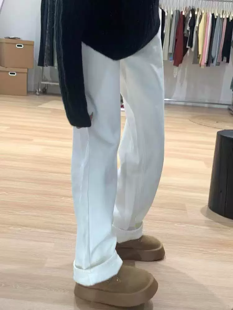 Quần jean trắng dáng thẳng dành cho nữ, mùa thu đông, cỡ lớn, lưng cao, dáng rộng, dáng thon gọn, lót lông cừu, dày dặn, quần ống rộng.