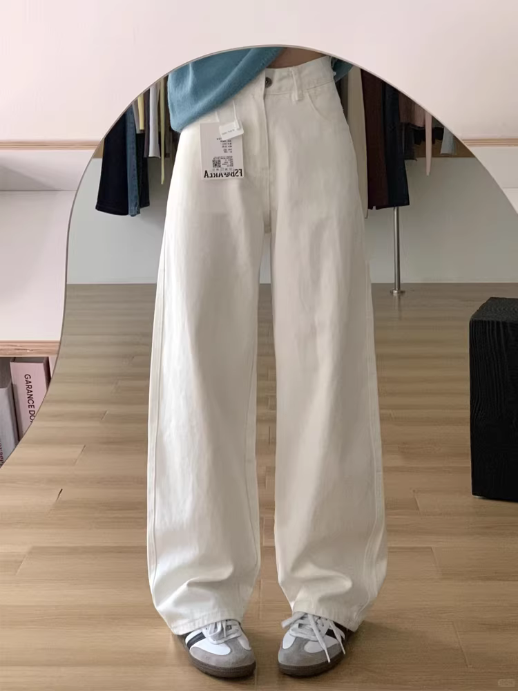 Quần jean ống rộng màu trắng cho nữ, cỡ lớn, kiểu dáng mới mùa xuân, lưng cao, dáng rộng, giảm béo, dáng quả lê, quần ống thẳng