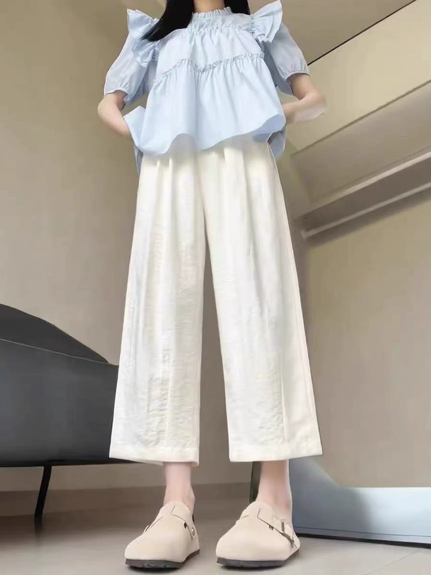 Quần âu trắng cho nữ, kiểu dáng mỏng mùa hè, cỡ lớn, lưng cao, dáng rộng, giảm béo, quần bóng dáng rộng, quần ống rộng mây.