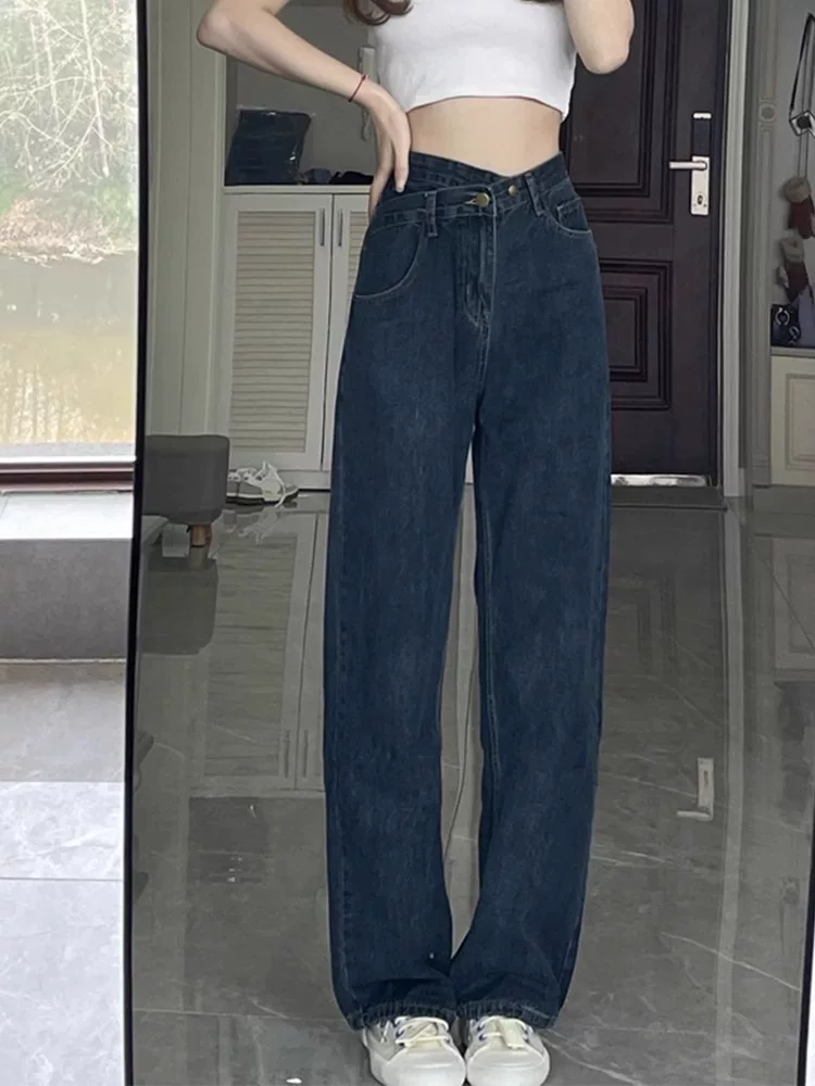 Quần jean ống thẳng dáng quả lê dành cho nữ, phong cách đầu thu, cỡ lớn, không bó sát chân, lưng cao, quần ống rộng giảm béo