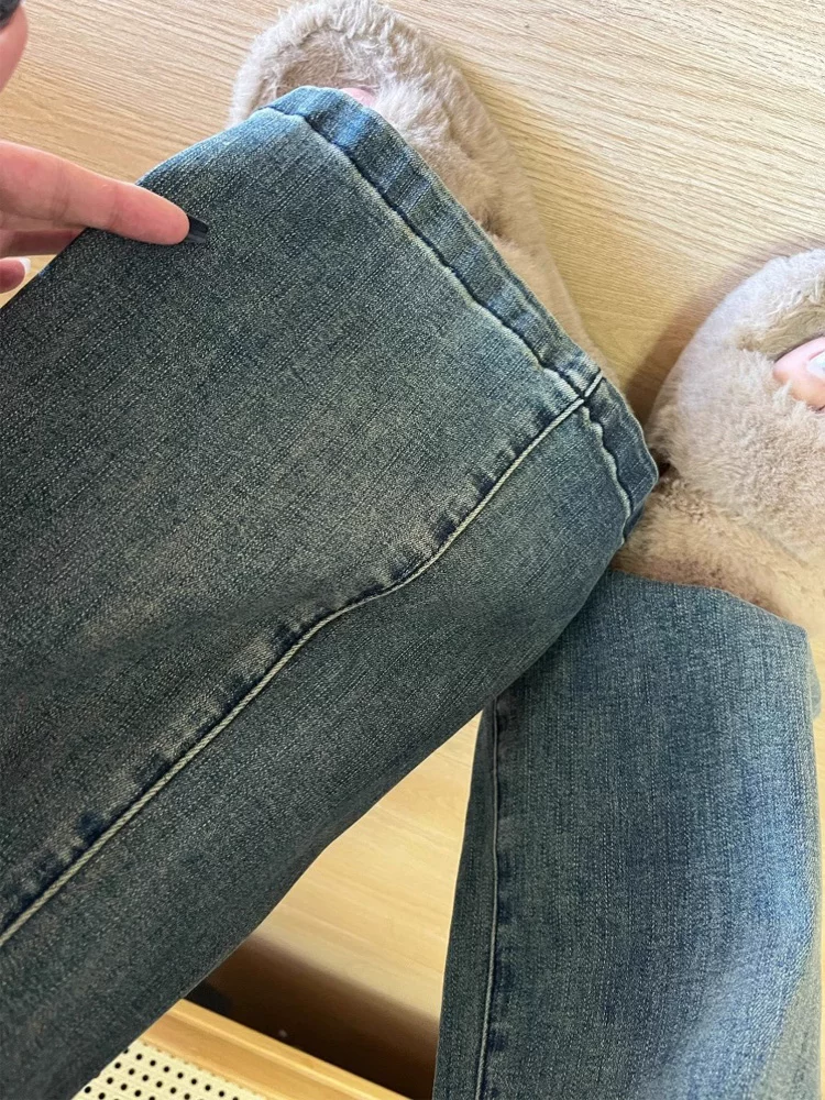 Quần jean ống loe thẳng màu xanh retro kiểu Mỹ dành cho nữ, lót lông cừu, dày dặn, cỡ lớn, cạp cao, co giãn, quần ống loe tôn dáng.