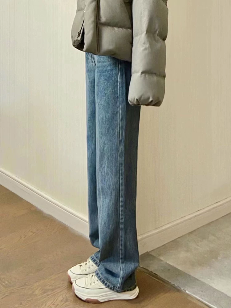 Quần jean ống thẳng dáng quả lê dành cho nữ, cỡ lớn, kiểu dáng mới mùa thu, che hông, lưng cao, dáng rộng, ống rộng, quần dài chạm sàn