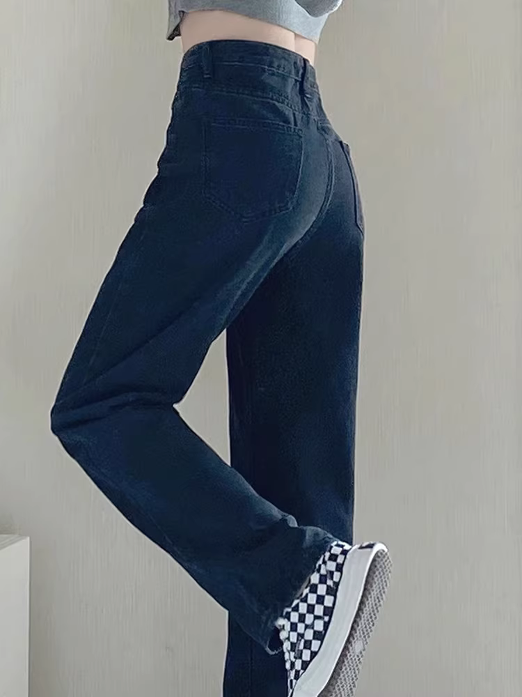 Quần jean ống thẳng dáng quả lê dành cho nữ, cỡ lớn, mặc đầu thu, lưng cao, dáng rộng, tôn dáng, giảm béo, ống rộng, quần dài chạm sàn