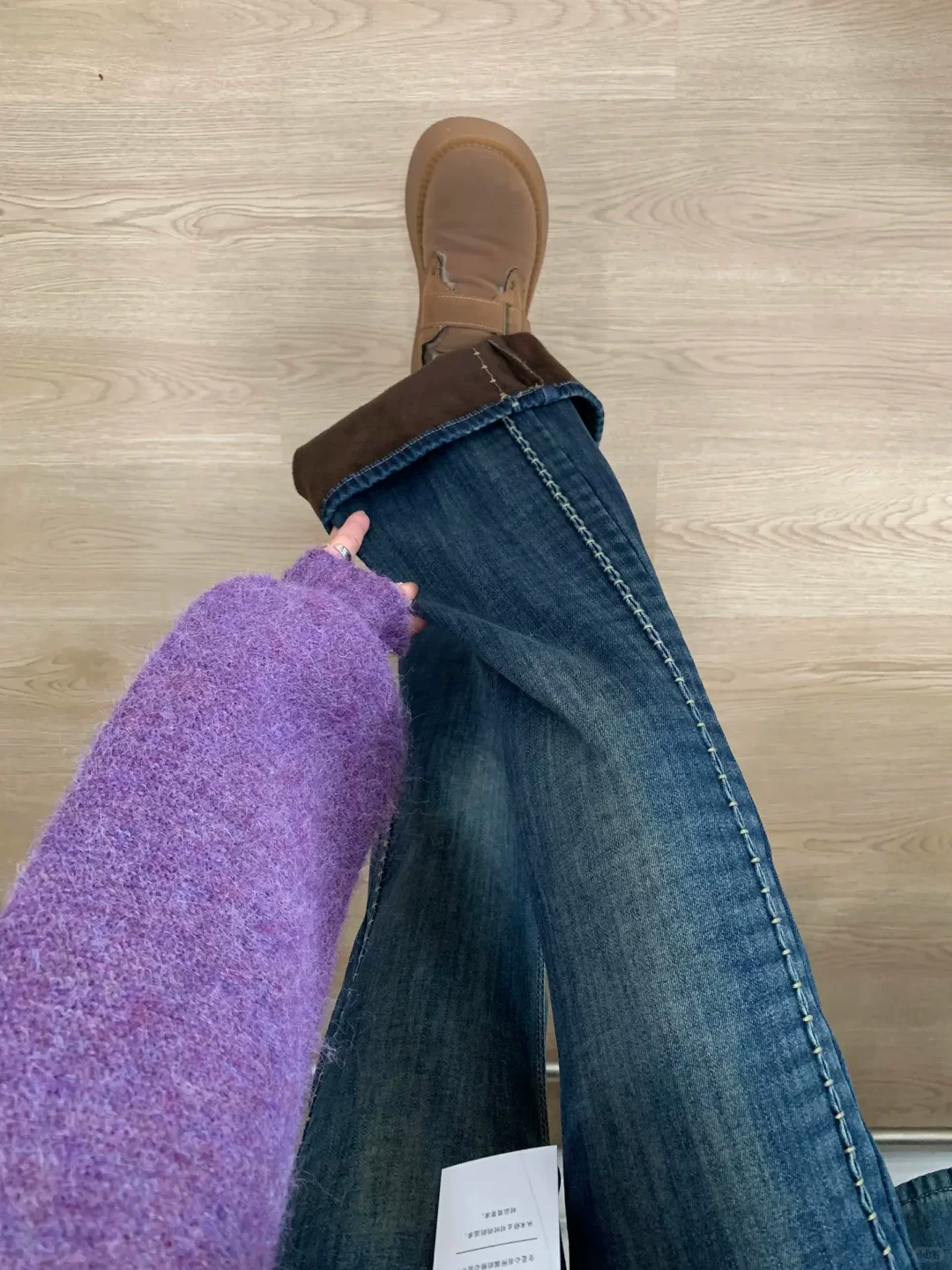 Quần jean ống loe dày lót lông màu xanh xám kiểu Mỹ dành cho nữ, mùa đông, cỡ lớn, lưng cao, dáng rộng, thon gọn, không bó sát ở chân, quần ống loe