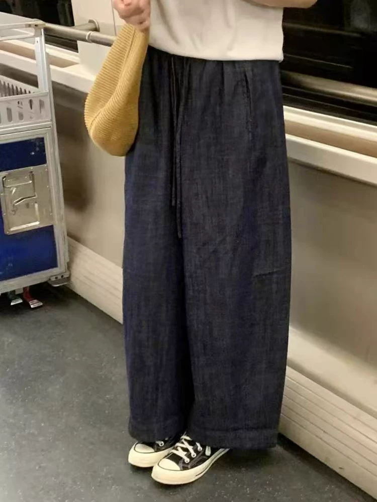 Quần jean ống rộng kiểu dáng thoải mái dành cho nữ, chất liệu cotton và linen Nhật Bản, size lớn, cạp cao, dáng rộng, tôn dáng, mùa hè mỏng nhẹ, kiểu bà ngoại.