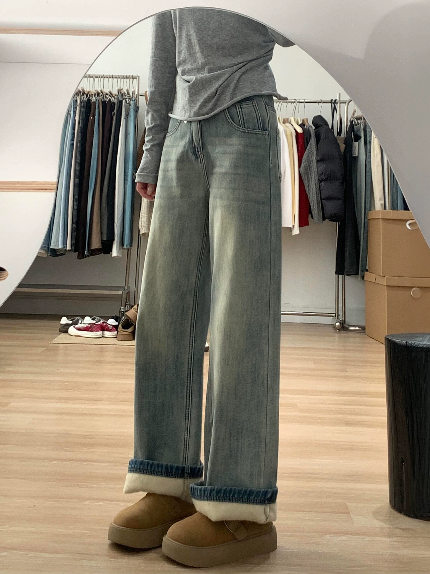 Quần jean ống rộng dày lót lông cừu dành cho nữ, mùa thu đông, cỡ lớn, lưng cao, dáng rộng, giảm béo, dáng quả lê, quần ống thẳng