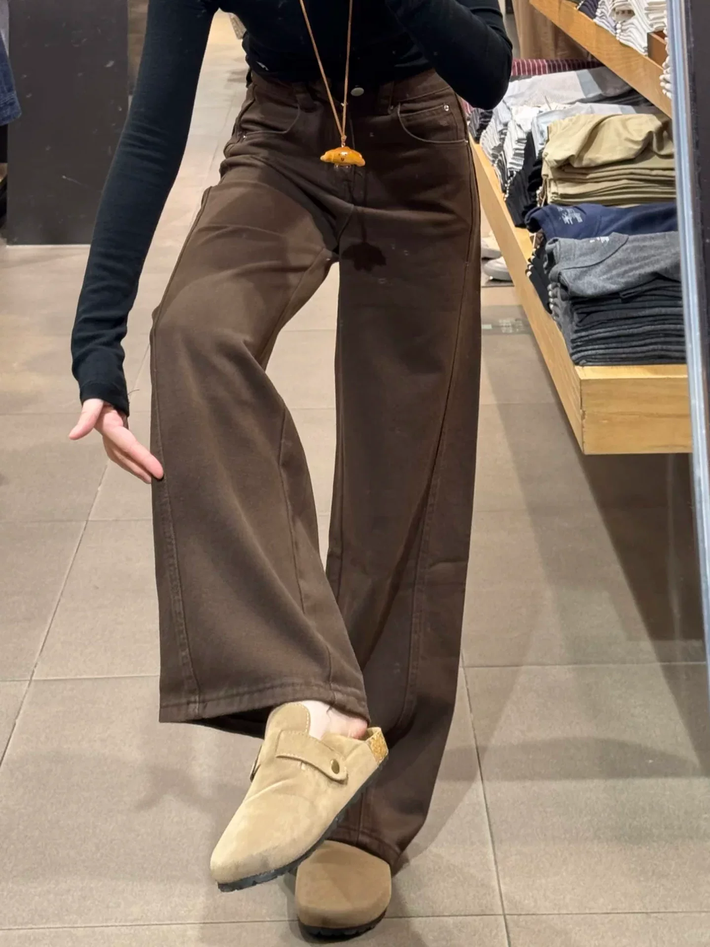 Quần jean viền cong màu cà phê dành cho nữ, mùa thu, cỡ lớn, lưng cao, che hông, giảm béo, dáng quả lê, nhỏ nhắn, quần ống rộng