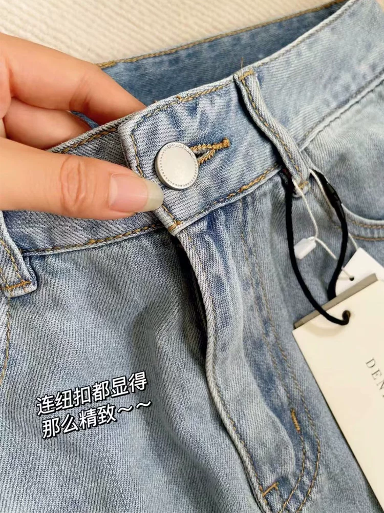 Quần jean Tencel màu xanh nhạt dành cho nữ, kiểu dáng mỏng mùa hè, cỡ lớn, lưng cao, dáng rộng, mềm mại, tôn dáng, quần ống rộng chất liệu lụa đá.