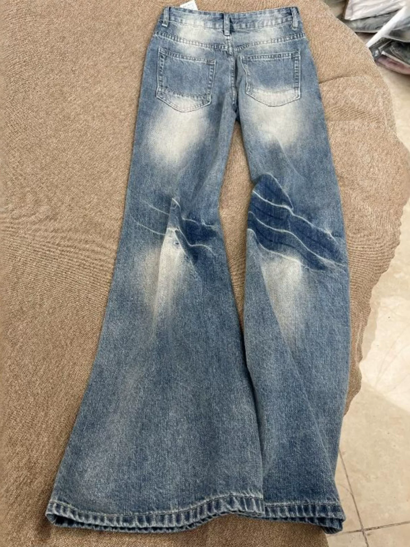 Quần jean ống loe kiểu Mỹ cổ điển dành cho nữ, phong cách đầu thu, cỡ lớn, lưng cao, dáng rộng, tôn dáng, không bó sát, quần ống chuông