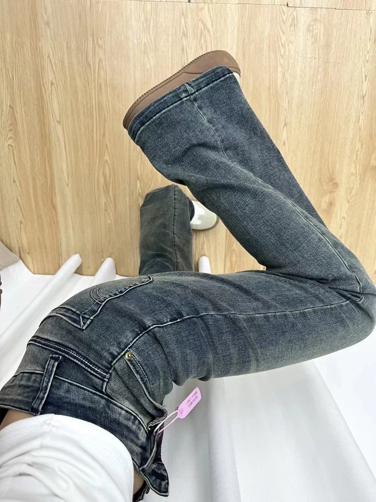 Quần jean xanh vintage dáng loe dành cho nữ, mặc đầu thu, size lớn, cạp cao, co giãn, che hông, quần ống loe tôn dáng.