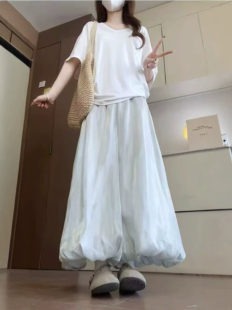 Quần suông nữ hè 2025 chất liệu mỏng, size lớn, plus size, cạp cao, dáng rộng, che hông, chất liệu mềm mại, tôn dáng, kiểu dáng hoa nụ, quần ống rộng, kiểu váy