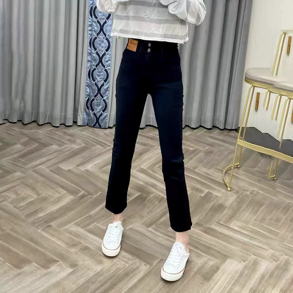 Quần jean ống đứng cho nữ, đầu thu, cỡ lớn, lưng cao, co giãn, quần xẻ tà, che hông, giảm béo, quần lửng, hợp thời trang.