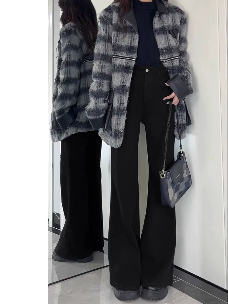 Quần jean ống loe màu đen dành cho nữ, mùa thu đông, lót lông cừu, cỡ lớn, lưng cao, giảm béo, dáng quả lê, quần ống chuông, quần dài chạm sàn