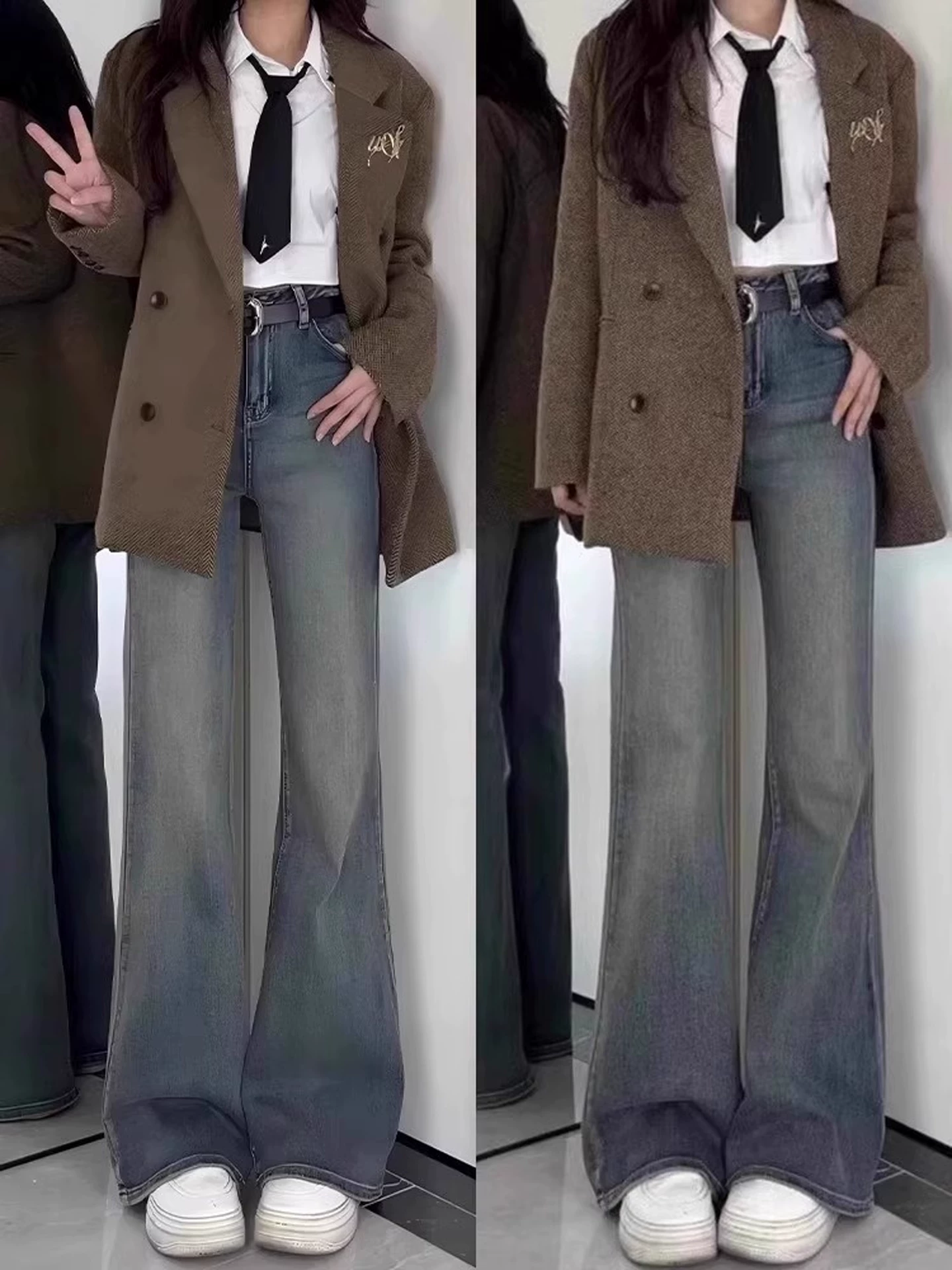 Quần jean xòe dày dặn màu xanh cổ điển lót lông cừu dành cho nữ, mùa đông, size lớn, cạp cao, tôn dáng, quần dài xòe không bó sát