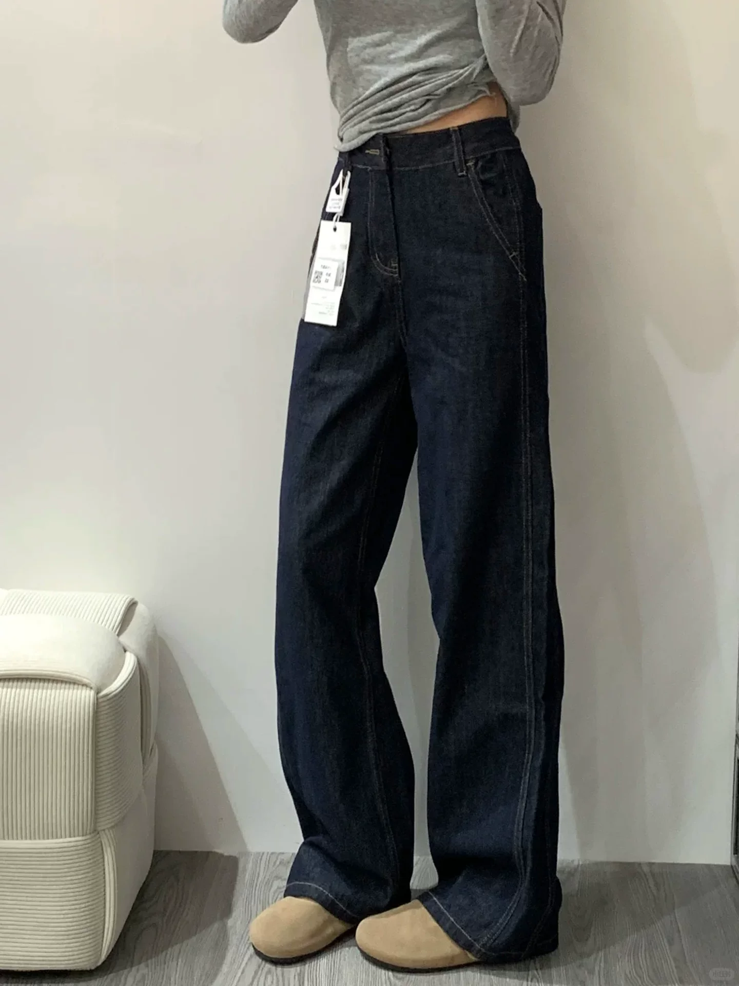 Quần jean ống đứng màu xanh denim dành cho nữ, mùa thu, cỡ lớn, lưng cao, che hông, giảm béo, dáng quả lê, quần ống rộng