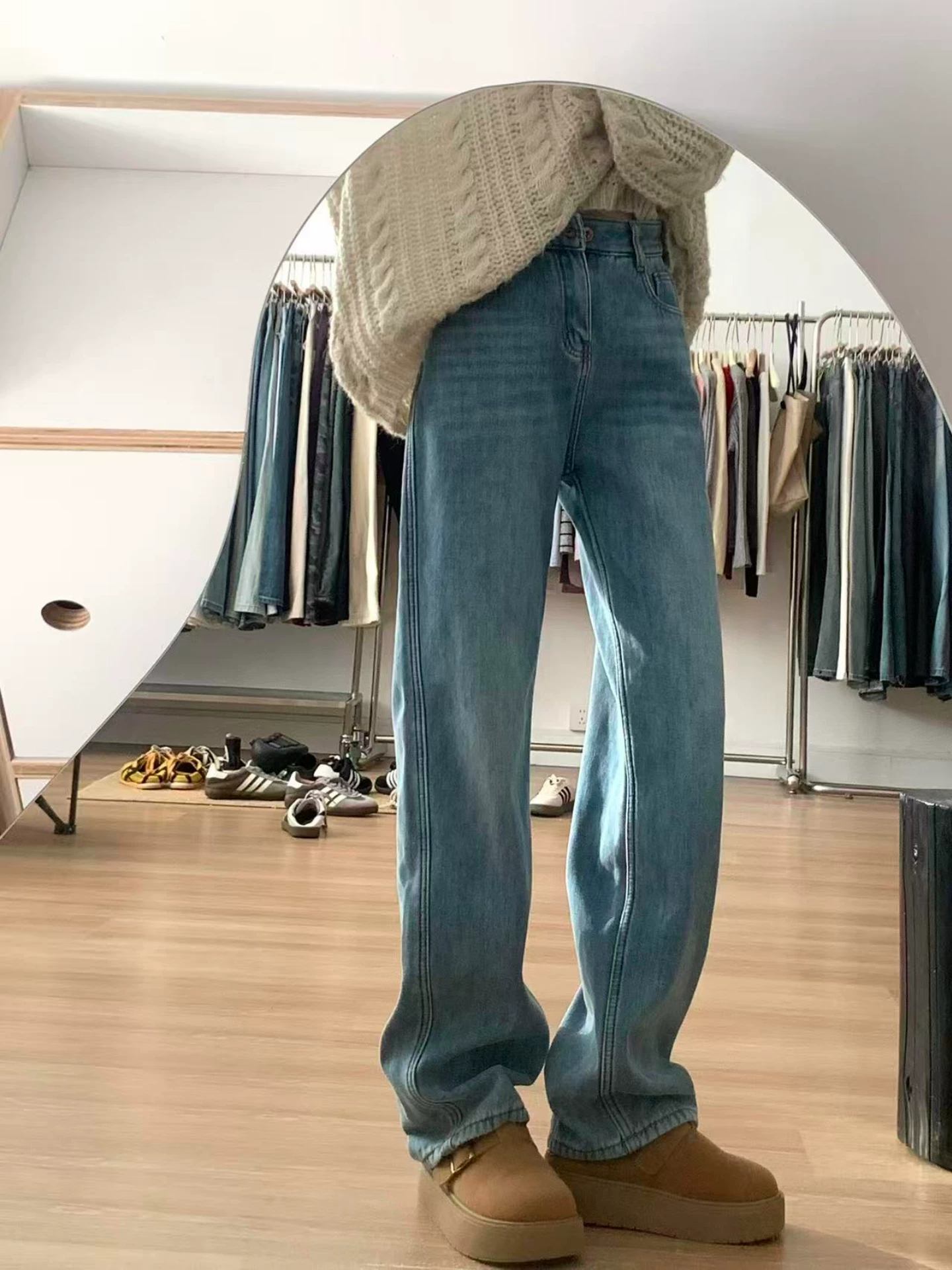 Quần jean ống đứng lưng cao màu xanh lam dành cho nữ, mùa thu đông, cỡ lớn, lót lông cừu, dày dặn, giảm béo, dáng quả lê, quần ống rộng