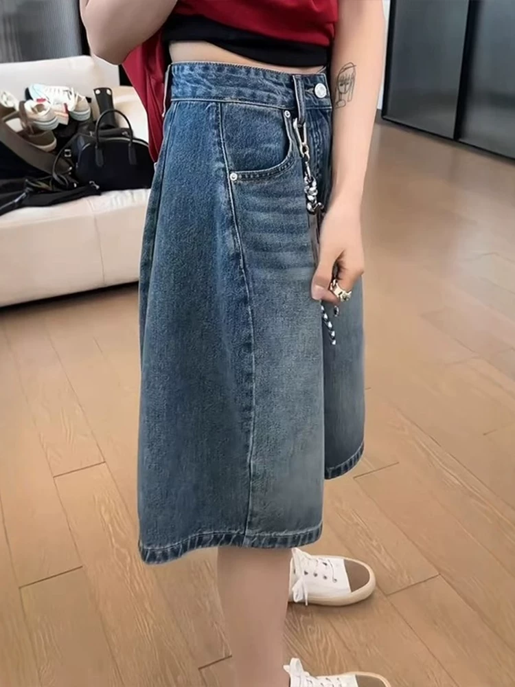 Quần short denim cổ điển dáng quả lê dành cho nữ, cỡ lớn mùa hè, lưng cao, dáng rộng, che hông, giảm béo, quần ống rộng năm điểm