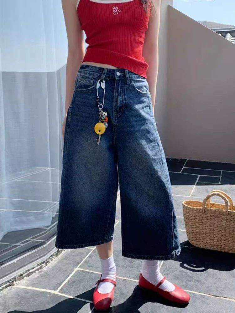 Quần jeans nữ kiểu Mỹ cổ điển, dáng lửng, mùa hè 2025, size lớn, cạp cao, rộng rãi, tôn dáng, ống rộng