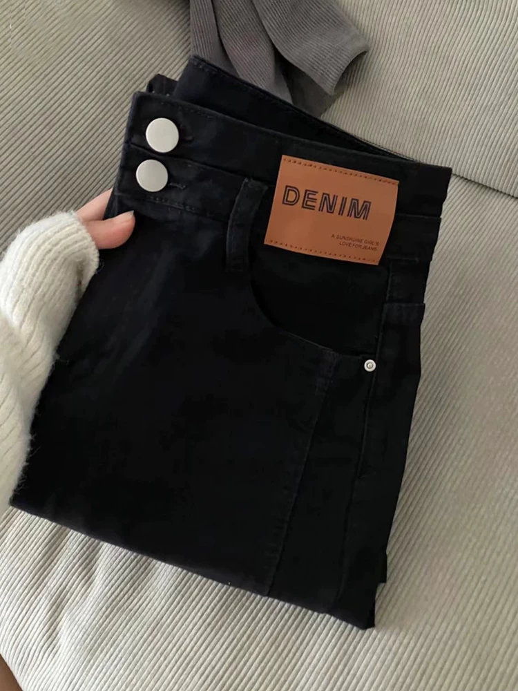 Quần jean dáng quả lê dành cho nữ, phong cách đầu thu, cỡ lớn, lưng cao, co giãn, che hông, giảm béo, ống thẳng, quần lửng.