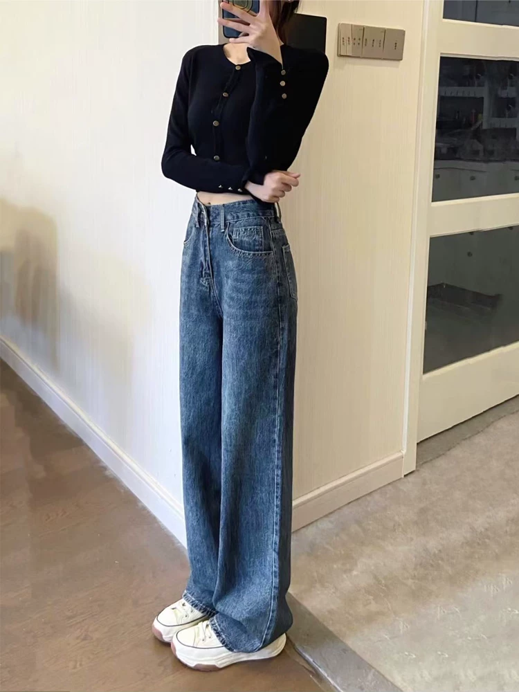 Quần jeans ống đứng dáng quả lê cho nữ xuân 2025, size lớn, cạp cao, rộng rãi, tôn dáng, ống rộng