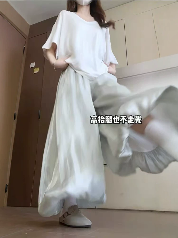 Quần suông nữ hè 2025 chất liệu mỏng, size lớn, plus size, cạp cao, dáng rộng, che hông, chất liệu mềm mại, tôn dáng, kiểu dáng hoa nụ, quần ống rộng, kiểu váy