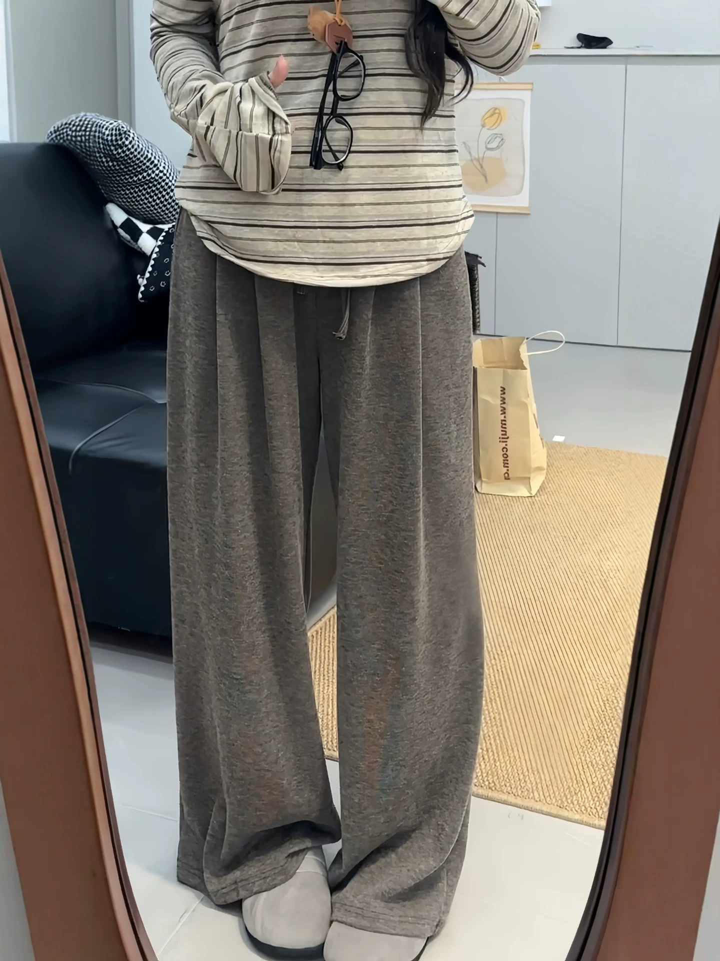 Quần gạo nếp màu cà phê Melard dành cho nữ, cỡ lớn mùa thu, lưng cao, dáng suôn, tôn dáng, phong cách lười biếng, quần dài ống rộng.