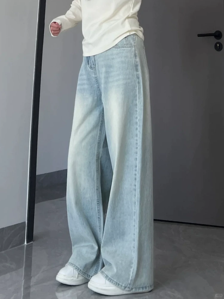 Quần jean ống rộng màu sáng cho nữ, kiểu dáng mỏng mùa hè, cỡ lớn, lưng cao, dáng rộng, giảm béo, dáng quả lê, quần dài ống thẳng