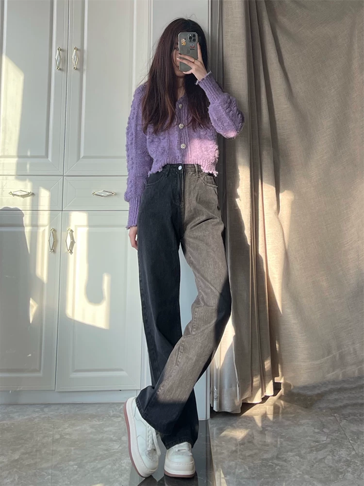 Quần jean ống đứng lưng cao dành cho nữ, kiểu dáng thu đông mới, dáng rộng, tôn dáng, cỡ lớn, dáng quả lê, hơi mũm mĩm, quần ống rộng dài chấm đất.