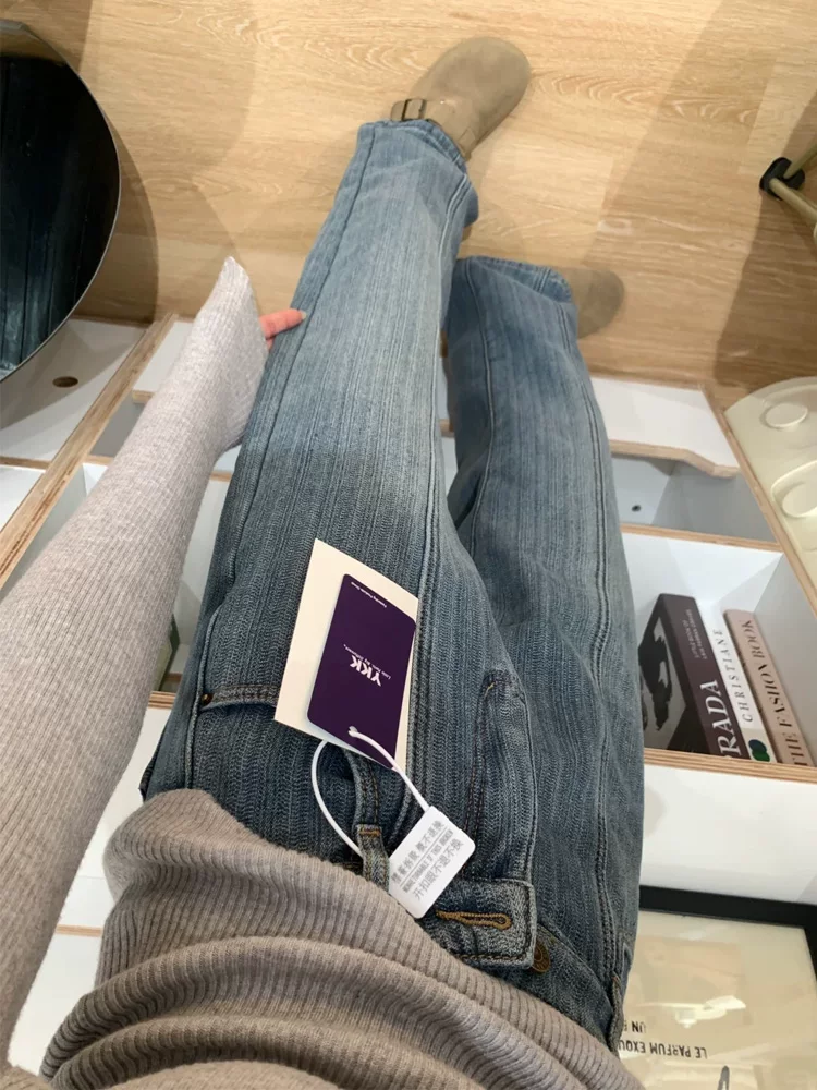 Quần jean ống rộng có họa tiết dày dặn lót lông cừu dành cho nữ, mùa thu đông, cỡ lớn, lưng cao, dáng rộng, dáng thon gọn, ống thẳng, quần dài đến sàn