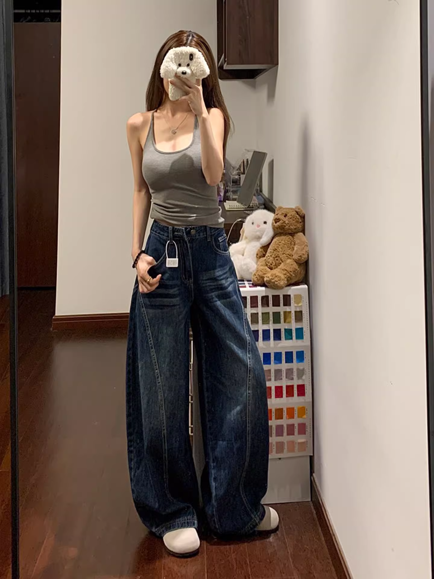 Quần jean kiểu cổ điển Mỹ dành cho nữ, phong cách đầu thu, cỡ lớn, lưng cao, dáng rộng, thon gọn, ống rộng, quần dài đến sàn