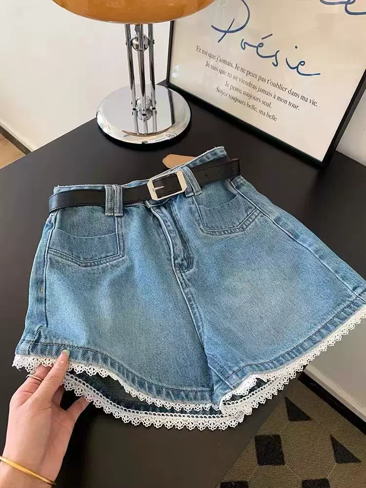 Quần short denim viền ren dành cho nữ, cỡ lớn mùa hè, lưng cao, dáng rộng, tôn dáng, dáng quả lê, quần ống rộng chữ A