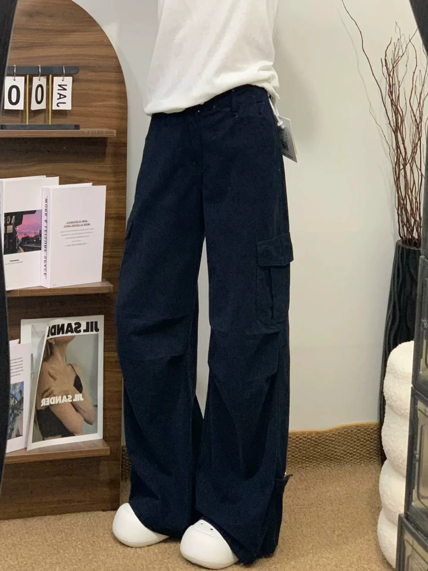 Quần jean kiểu Mỹ cổ điển dành cho nữ, mùa thu đông, cỡ lớn, lưng cao, dáng rộng, thon gọn, dáng quả lê, quần ống rộng