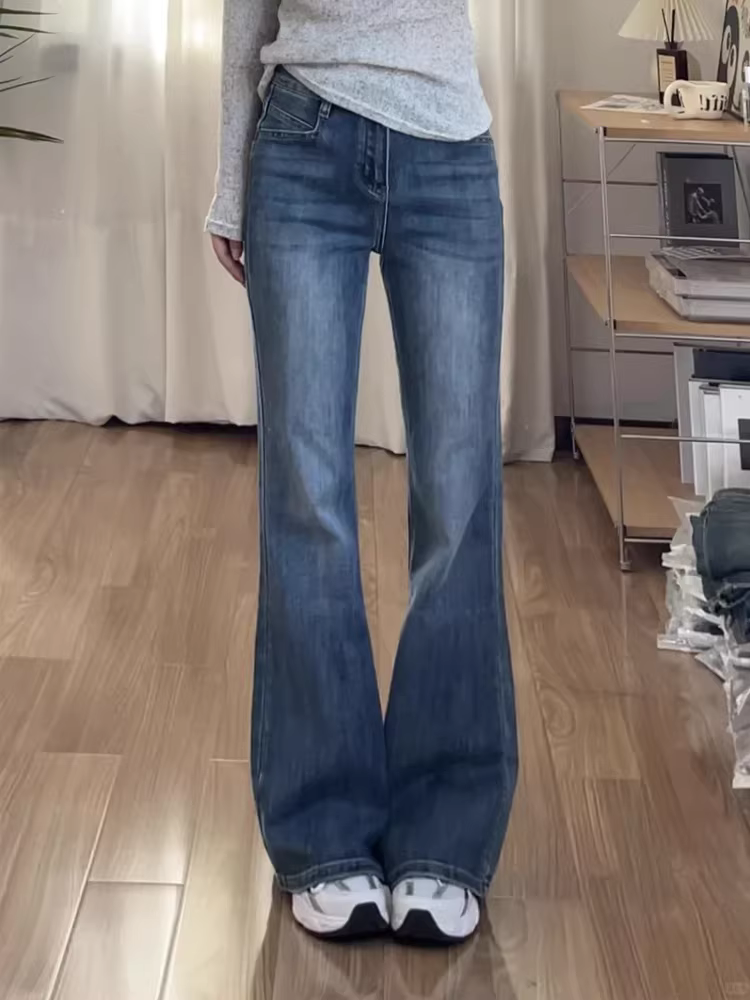 Quần jean dáng chuông dành cho nữ, size lớn mùa xuân, cạp cao, co giãn, che hông, tôn dáng, quần dài ống loe