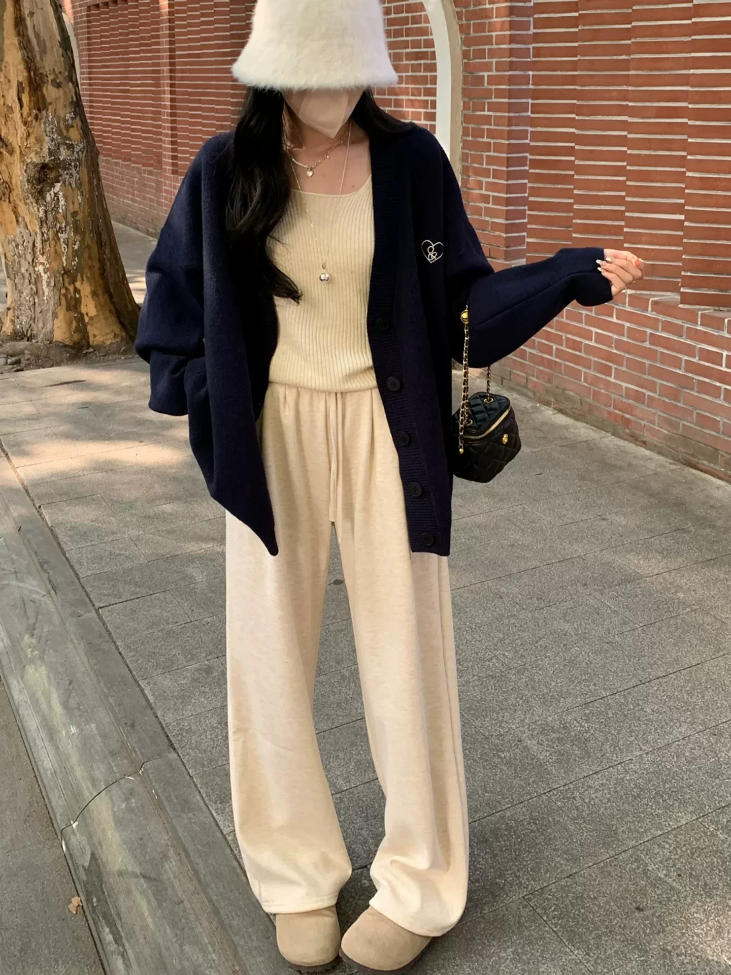 Quần lửng kiểu dáng lười biếng dành cho nữ, mùa thu đông, lót lông cừu, dày dặn, cỡ lớn, lưng cao, dáng rộng, dáng suông, quần ống rộng.