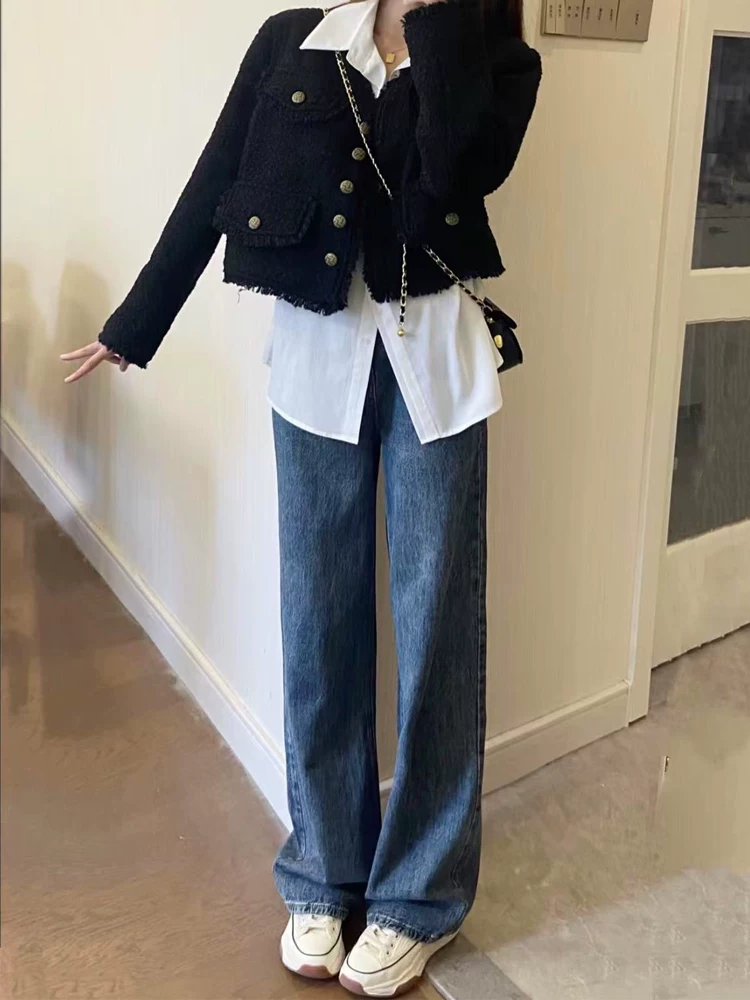 Quần jeans ống đứng dáng quả lê cho nữ xuân 2025, size lớn, cạp cao, rộng rãi, tôn dáng, ống rộng