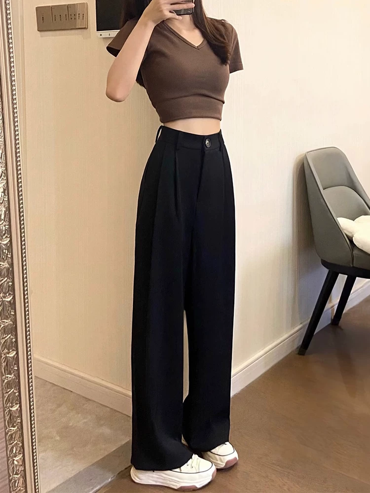 Quần âu dáng lê màu đen dành cho nữ, kiểu dáng mới mùa hè, mỏng nhẹ, size lớn, cạp cao, rộng rãi, tôn dáng, quần ống rộng