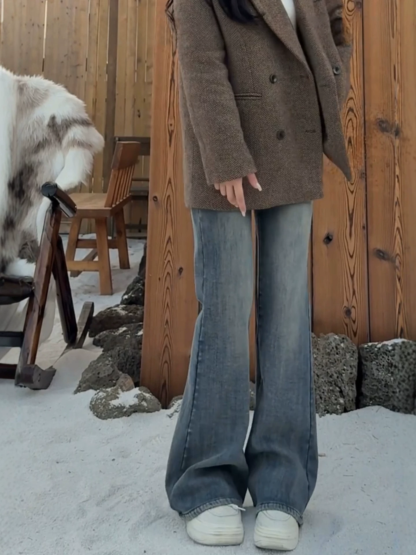 Quần jean nữ ống loe cạp cao cổ điển, thu đông, size lớn, lót lông cừu, dày dặn, tôn dáng, che hông, quần dài ống loe