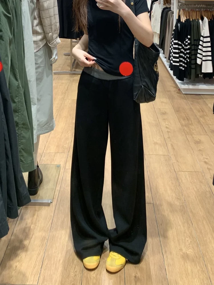 Quần thể thao nữ phối màu đen, kiểu mới xuân 2025, size lớn, cạp cao, tôn dáng, ống rộng, dài chấm đất.