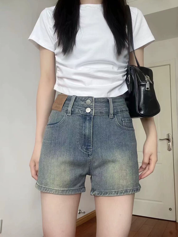 Quần short denim màu xanh cổ điển hình quả lê dành cho nữ, cỡ lớn mùa hè, lưng cao, co giãn, che hông, quần chữ A giảm béo