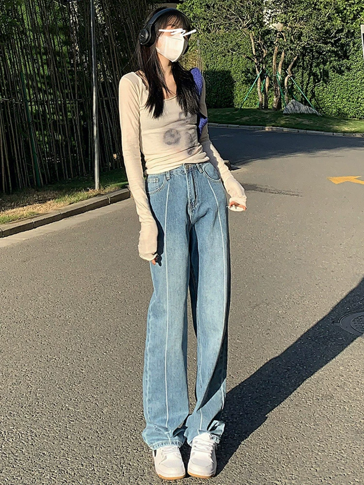 Quần jean nữ cỡ lớn mùa xuân 2022 phong cách Hàn Quốc thiết kế cỡ lớn có đường khâu quần ống rộng dài đến sàn giúp thon gọn eo cao