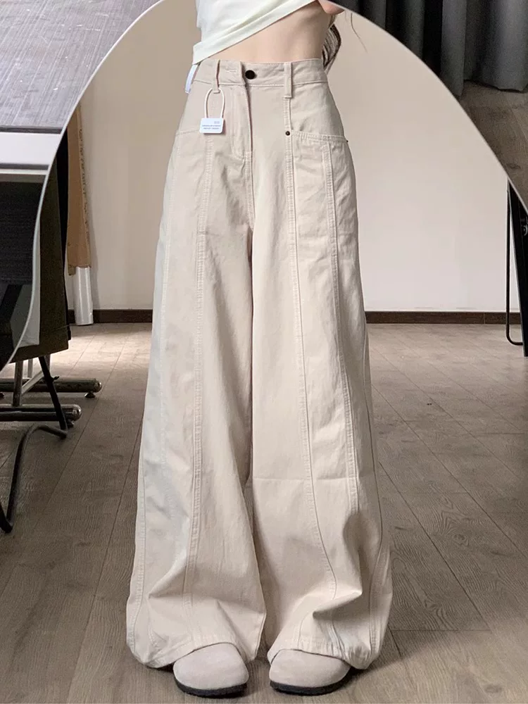 Quần jean công sở màu mơ dành cho nữ, mùa xuân hè, cỡ lớn, lưng cao, dáng rộng, thon gọn, dáng quả lê, quần ống rộng, dài đến sàn