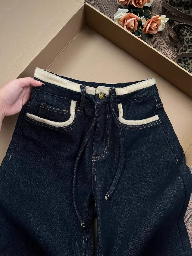 Quần jean ống thẳng dày lót lông cừu cổ điển dành cho nữ, mùa thu đông, cỡ lớn, quần ống rộng dáng rộng lưng cao sành điệu
