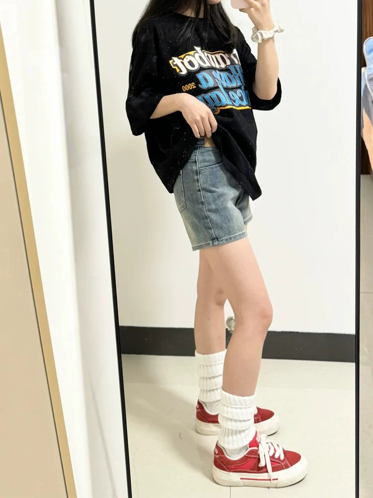 Quần short denim nữ cho mùa hè, cỡ lớn, lưng cao, co giãn, che hông, giảm béo, dáng quả lê, quần ống rộng chữ A