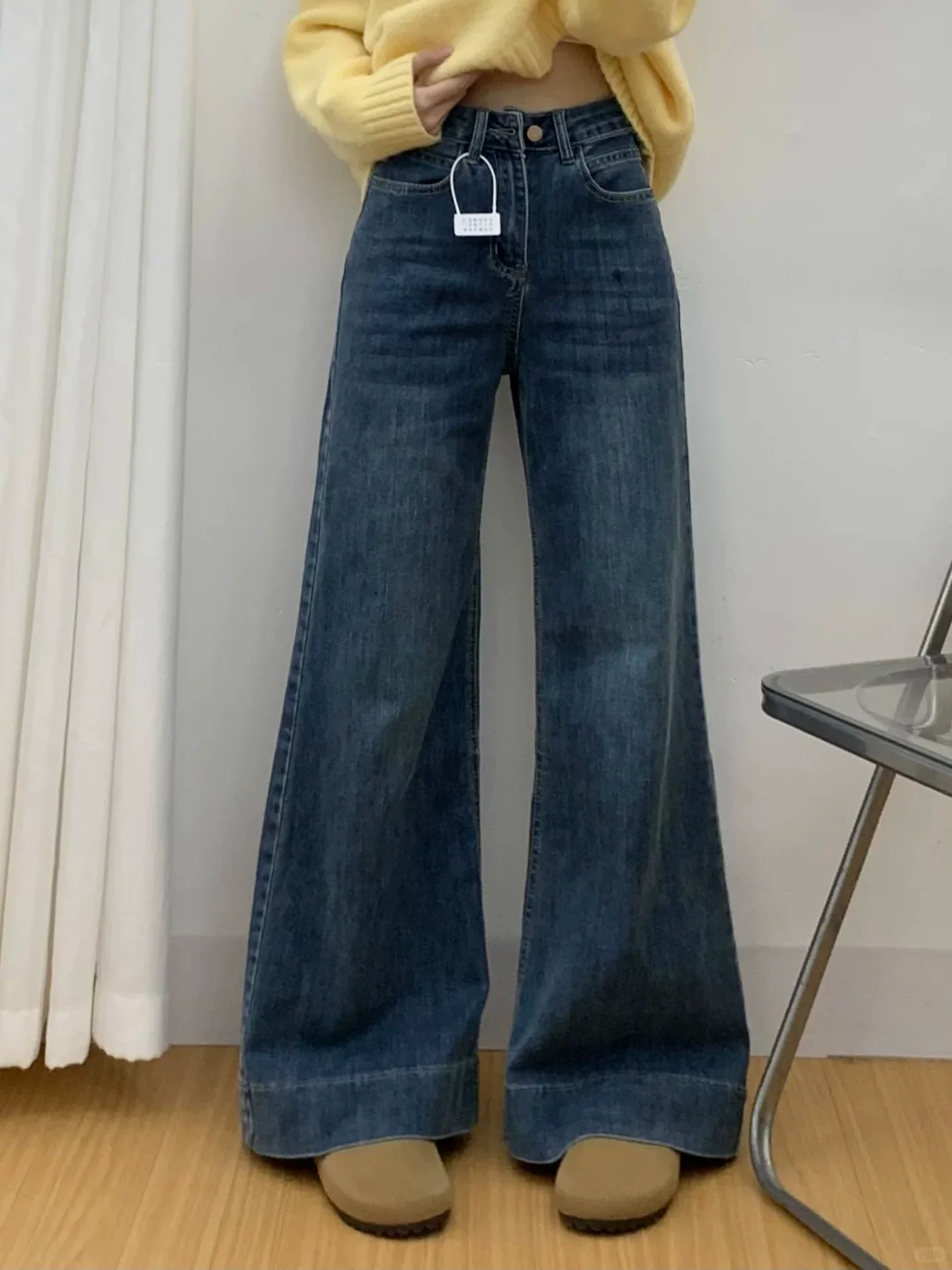 Quần jean ống đứng màu xanh cổ điển dành cho nữ, đầu thu, cỡ lớn, lưng cao, co giãn, quần ống loe thon gọn